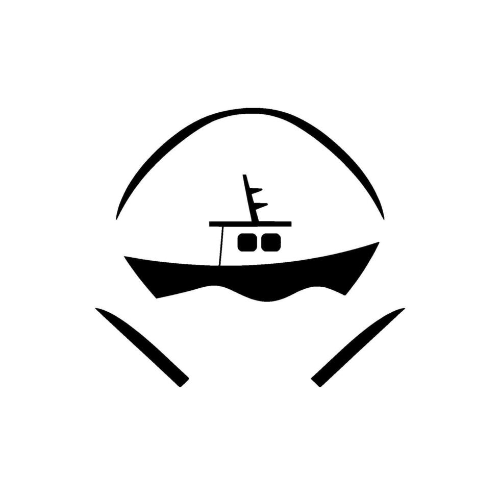 Simplified Black White Illustration of a Boat Sailing on Wavy Waters, Encased in a Symbolic Circular with Abstract Accent Lines. vector