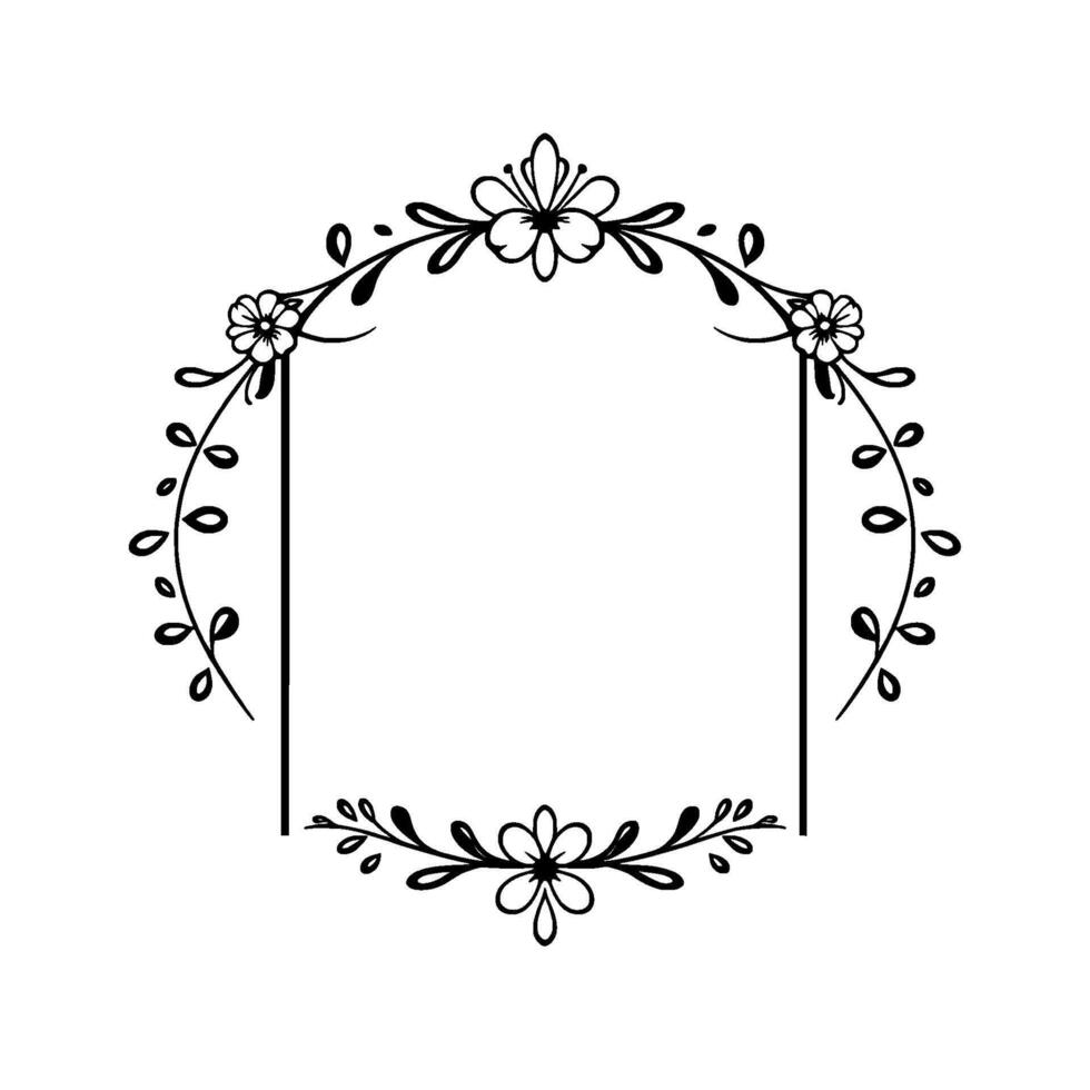 Elegant Botanical Frame A symmetrical floral with delicate leaves, flowers, and a central open space for personalization, perfect for invitations. vector