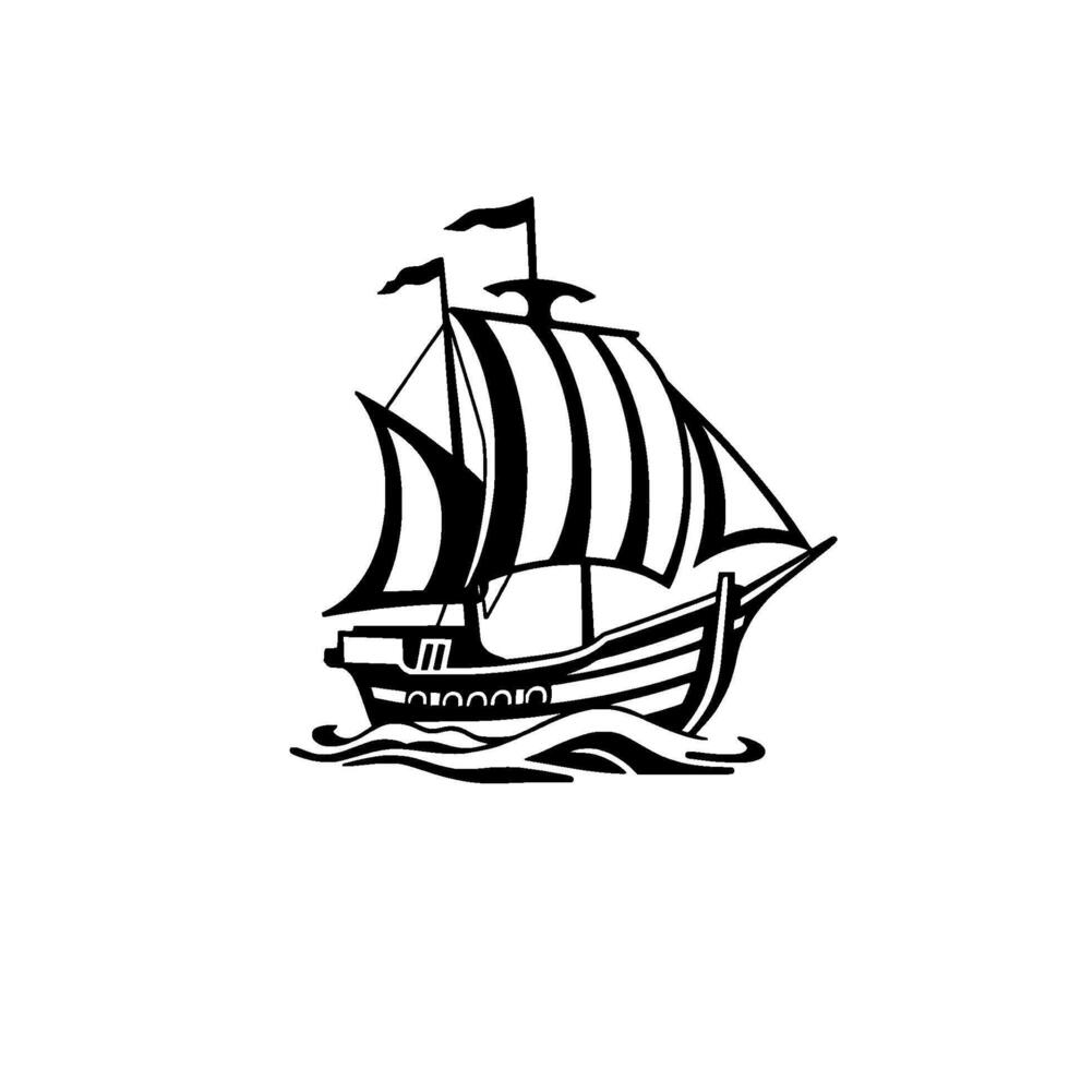 Stylized Black White Illustration of a Classic Sailing Ship on Wavy Seas, with Focused Details and a Clean . vector