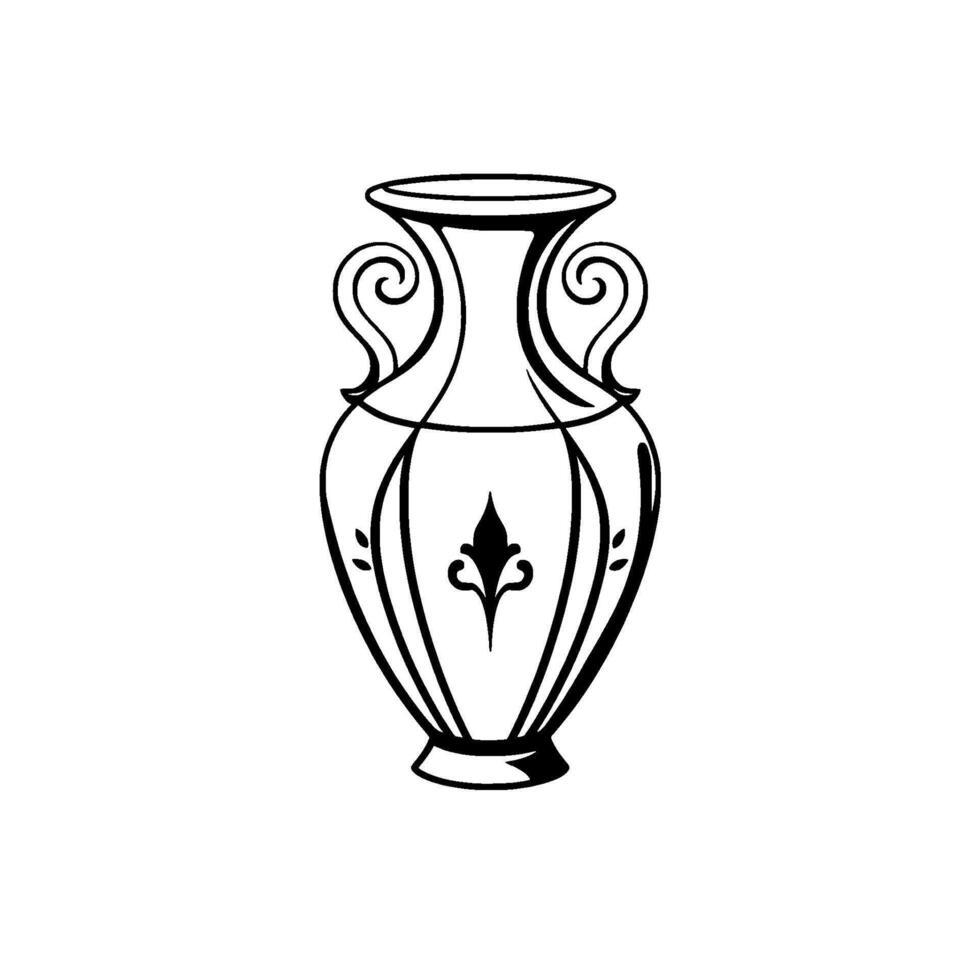 Minimalist Black and White Illustration of a Classical Urn with Ornate Handles and Decorative Details in Outline. vector