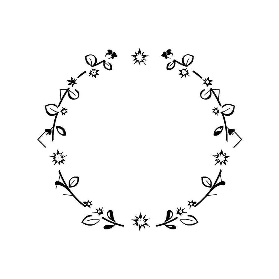 Delicate floral wreath featuring stylized white flowers and dark leaves arranged in a circular composition against a white background. vector