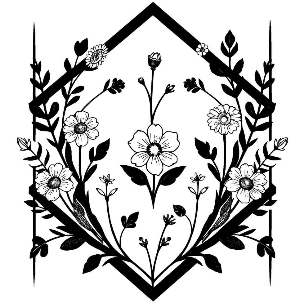 Elegant Black and White Floral Illustration Symmetrical Arrangement of Flowers, Leaves, and Geometric Frame, Decorative . vector
