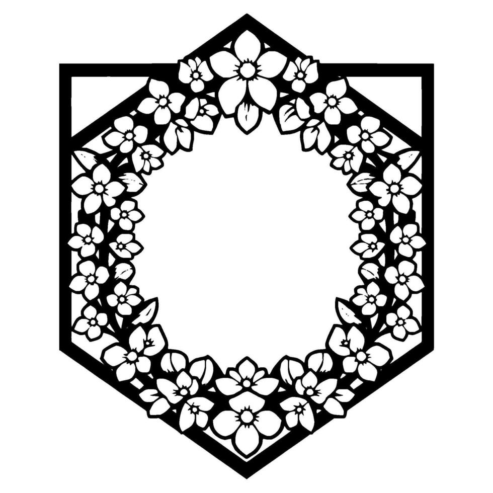 Black and white hexagonal frame adorned with a delicate wreath of stylized floral elements, featuring an empty circular space in the center. vector