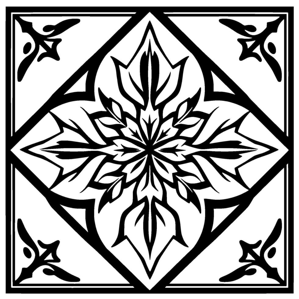 Geometric Floral Symmetrical tile featuring a central stylized flower surrounded by angular framing and corner accents, monochromatic, black and white. vector
