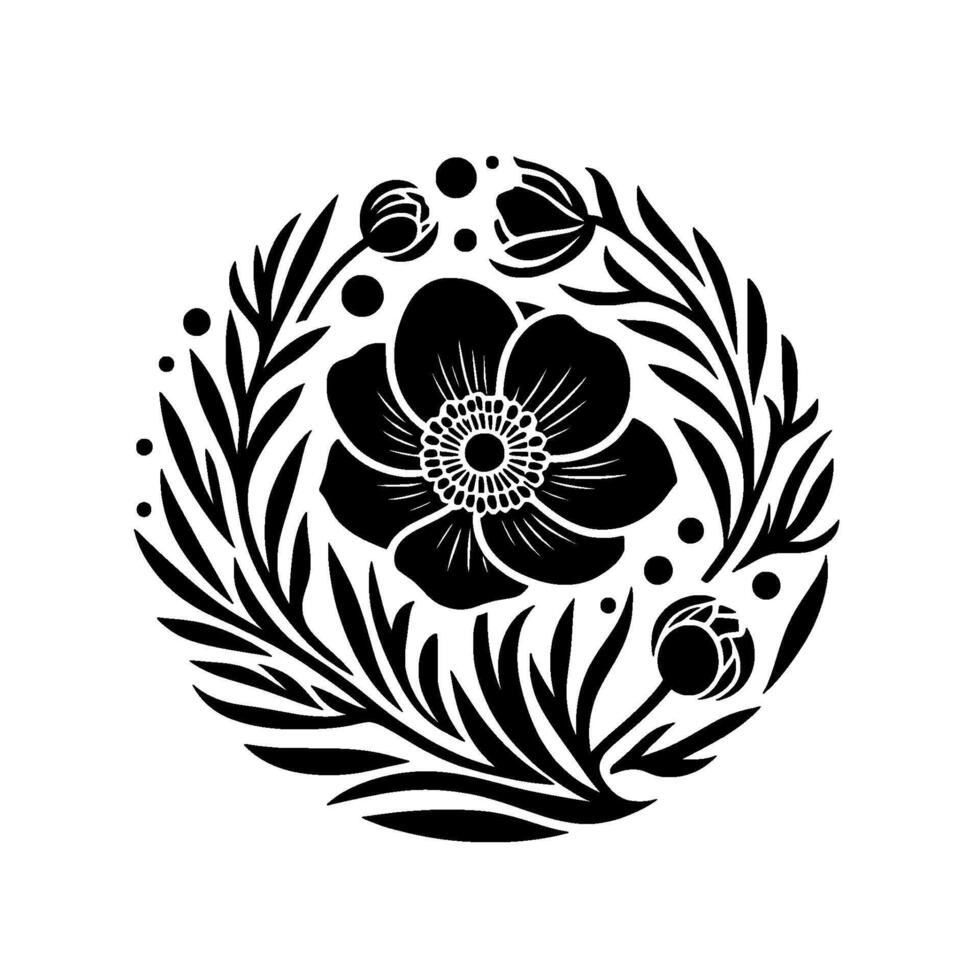 Black and White Floral Mandala Detailed Illustration of a Flower and Foliage within a Circular Frame. vector