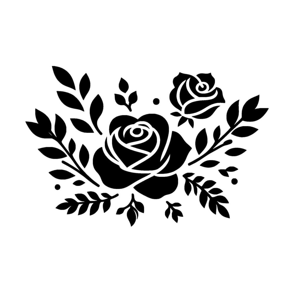 Elegant Black Silhouette Floral Arrangement Featuring Roses and Foliage on White Background vector