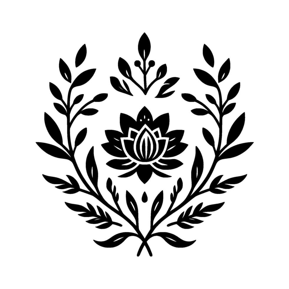 Symmetrical black and white floral featuring a lotus flower at the center surrounded by leafy branches, embodying a minimalist aesthetic. vector
