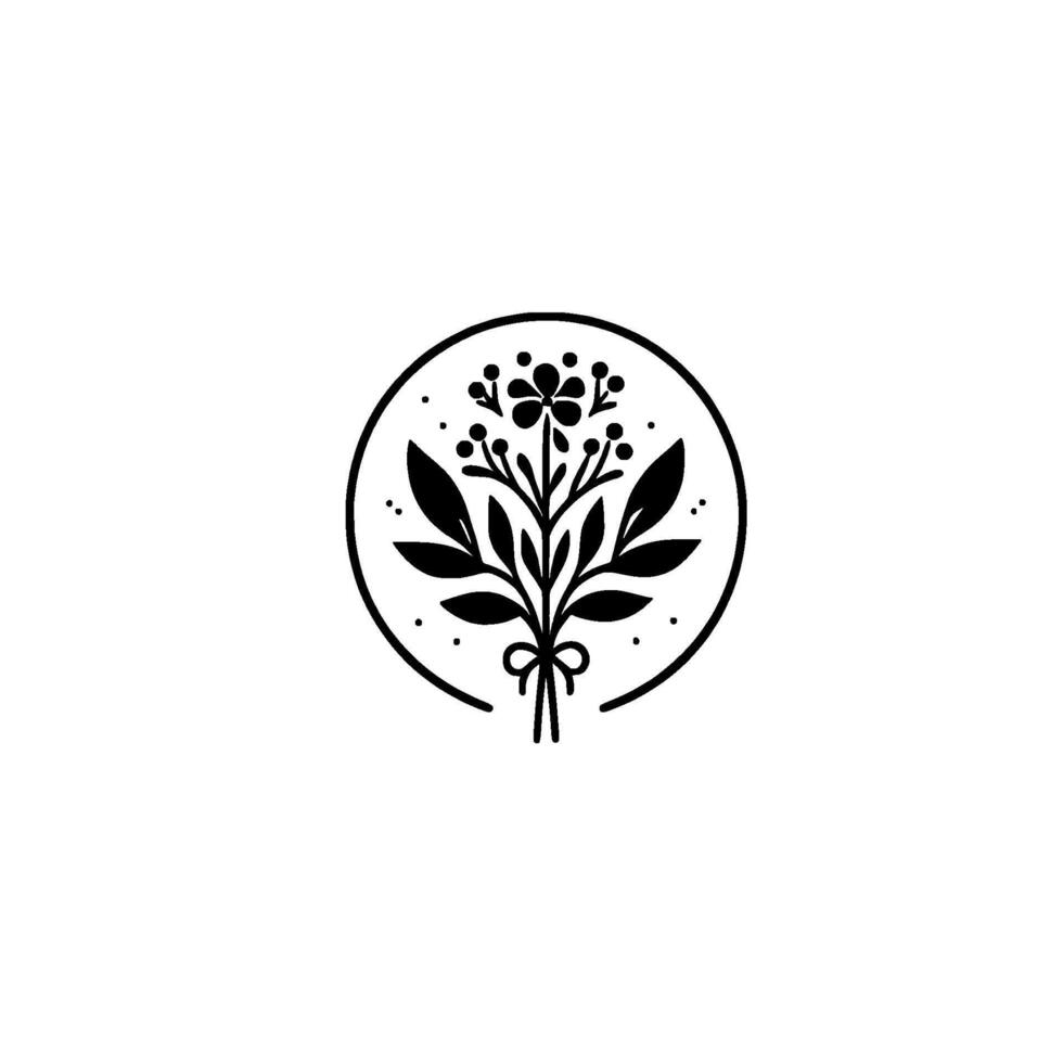 Minimalist Black and White Floral Emblem Botanical Bouquet with Bow in Circle, Elegant . vector