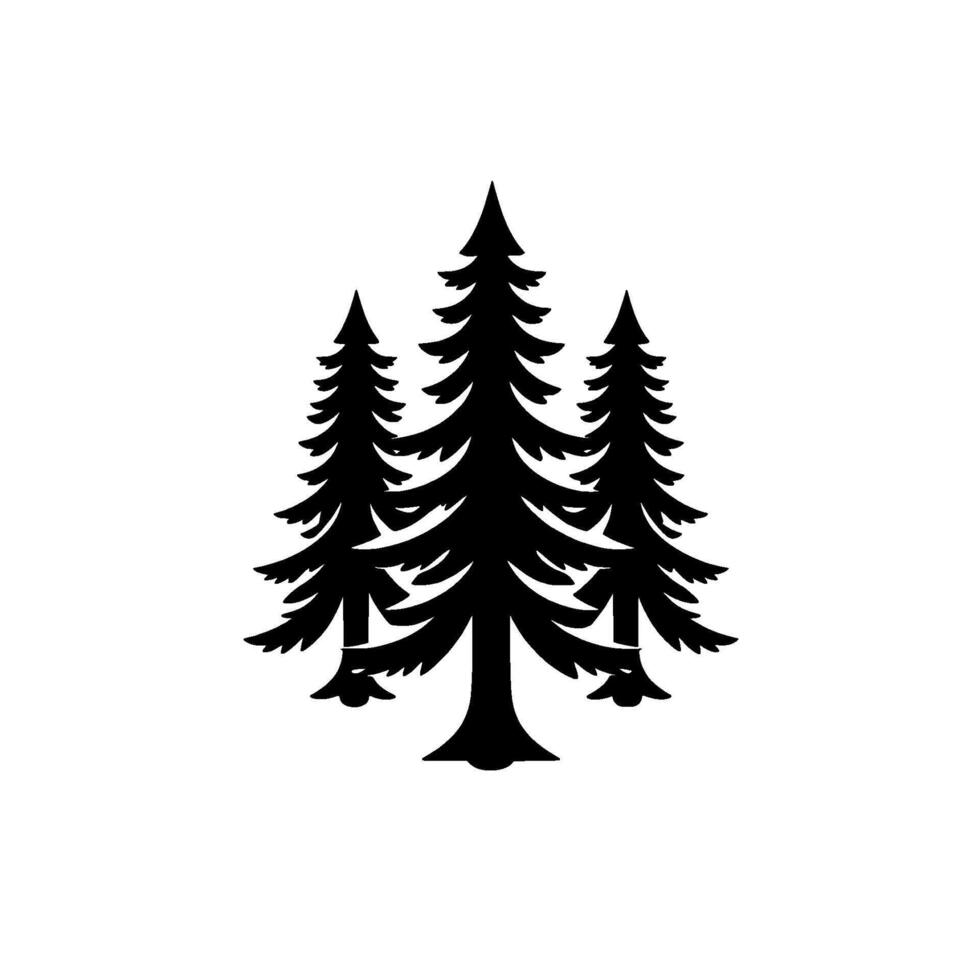 Bold black silhouette of three evergreen trees, clustered together on a pure white background, evoking nature and simplicity. vector