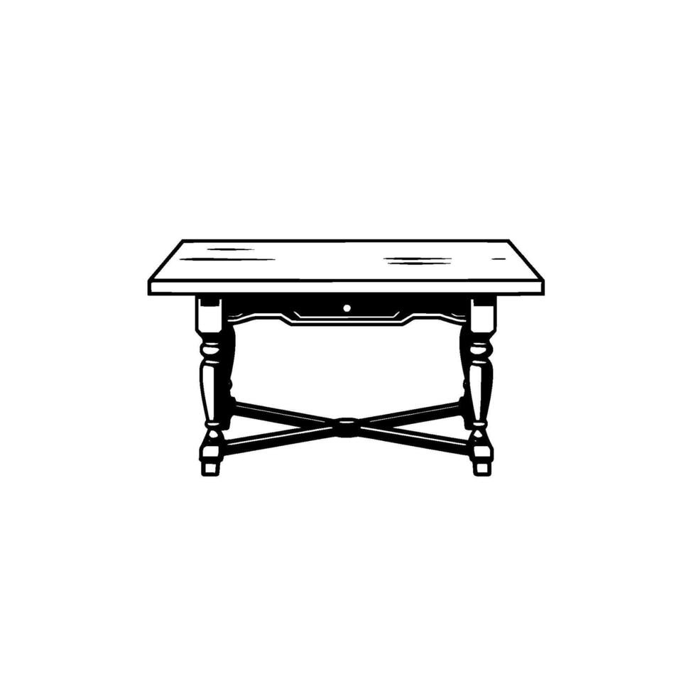 Illustration of a Vintage Wooden Table with Ornate Legs and XBrace, Centered on White Background. vector