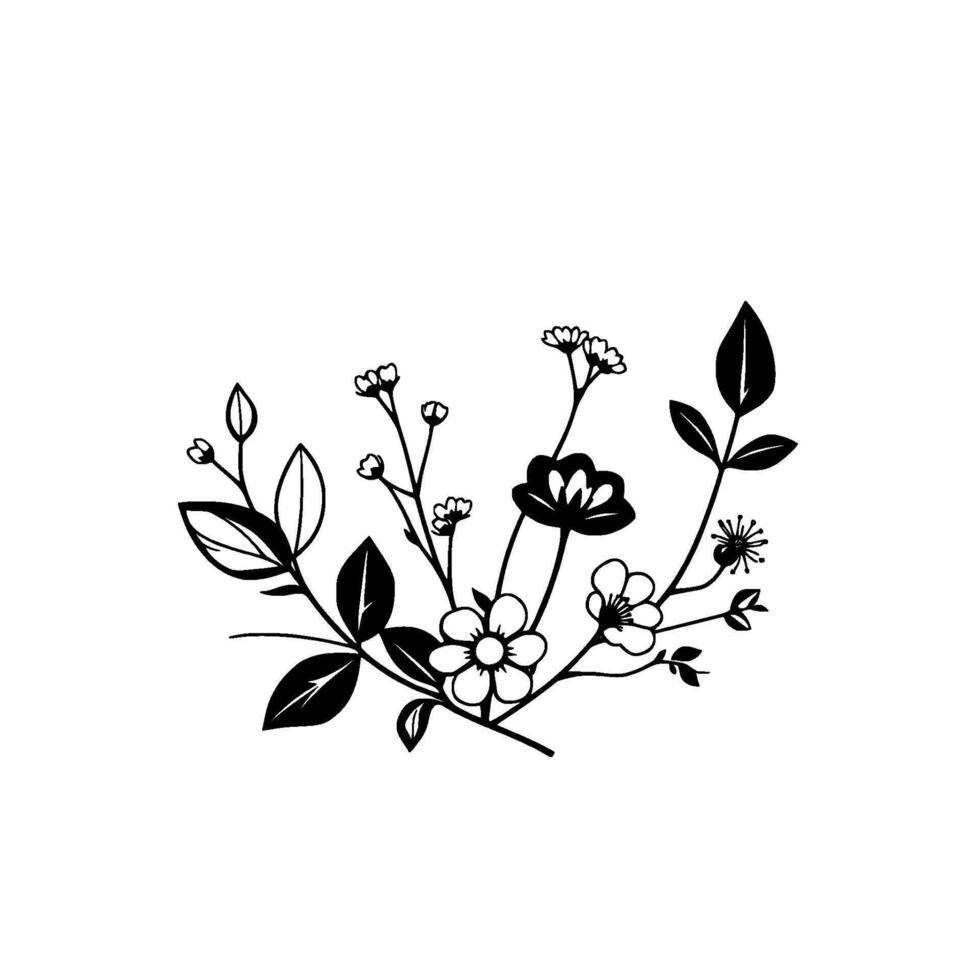 Elegant Botanical Illustration Black and White Floral Arrangement with Detailed Leaves and Blooms, Isolated on White, for Decorative Use. vector