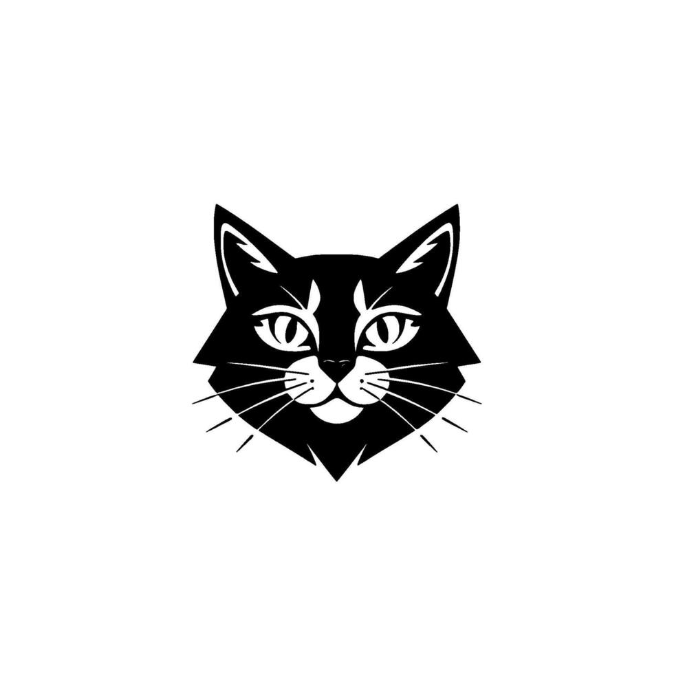 Stylized, symmetrical black cat head with white markings and a red nose against a minimalist white background, evoking a playful and charming aesthetic. vector