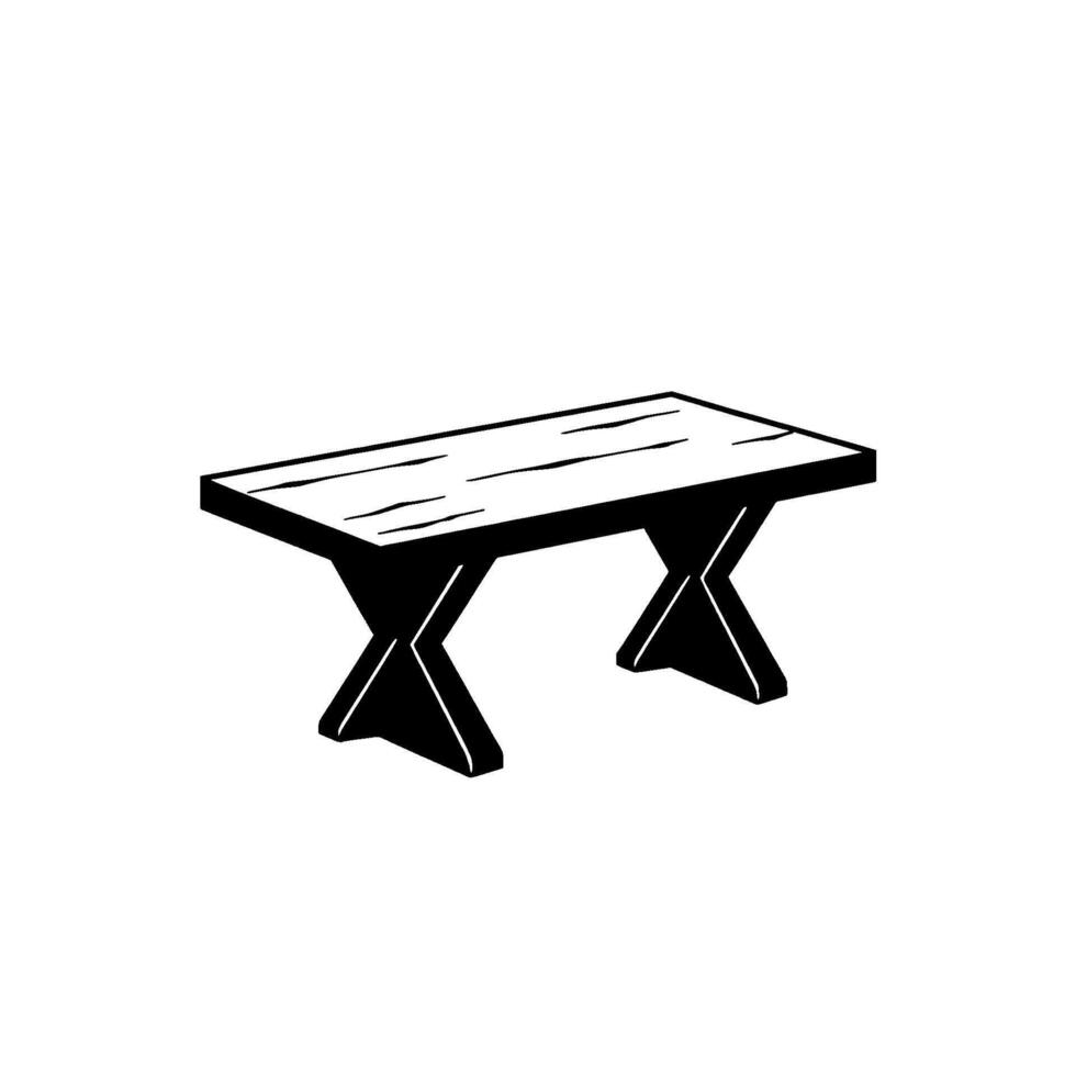 A minimalist black and white illustration of a wooden bench with crosslegged supports, isolated against a white background. vector