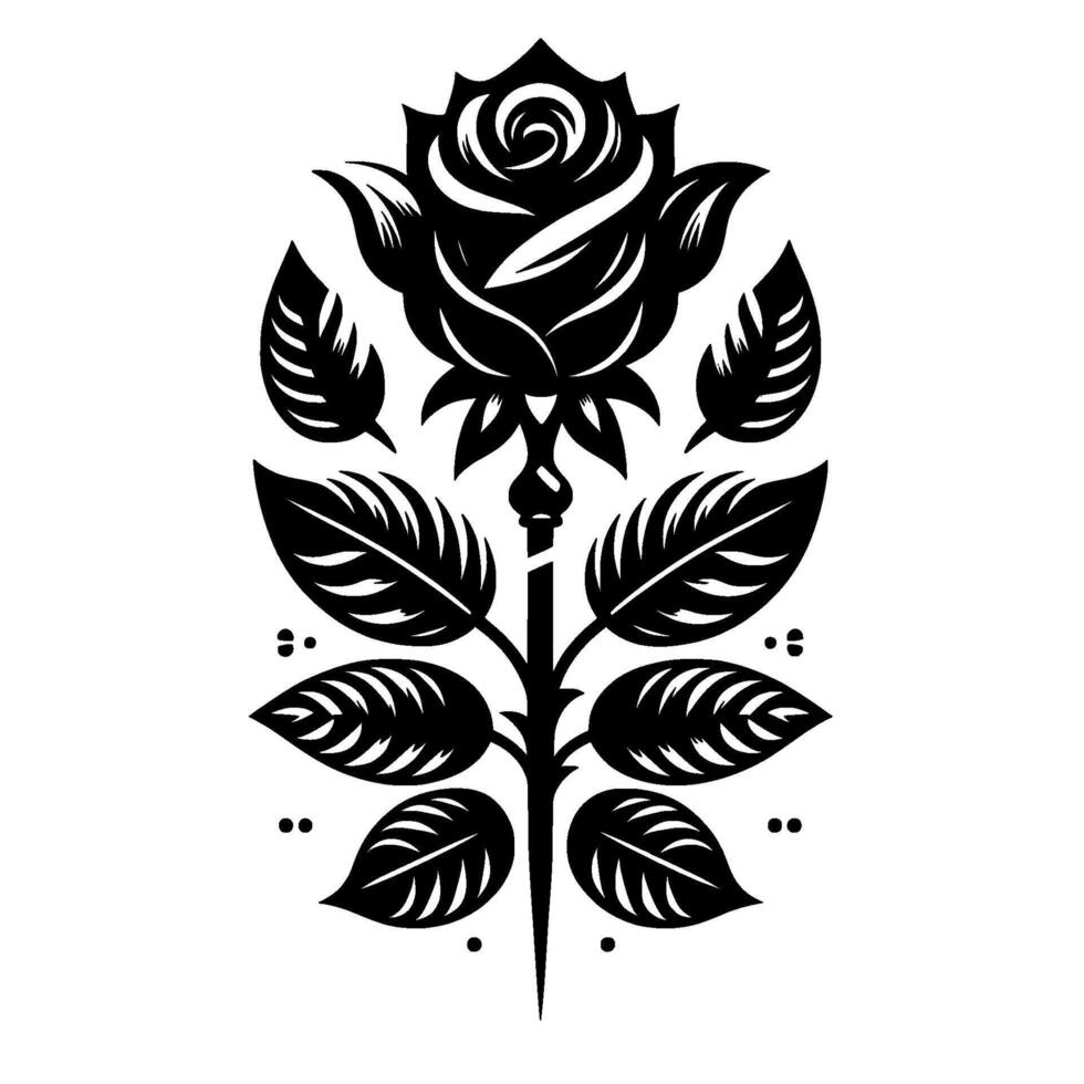 Elegant Black and White Stylized Rose with Leaves, Geometric Symmetry, Floral Emblem on White Background. vector