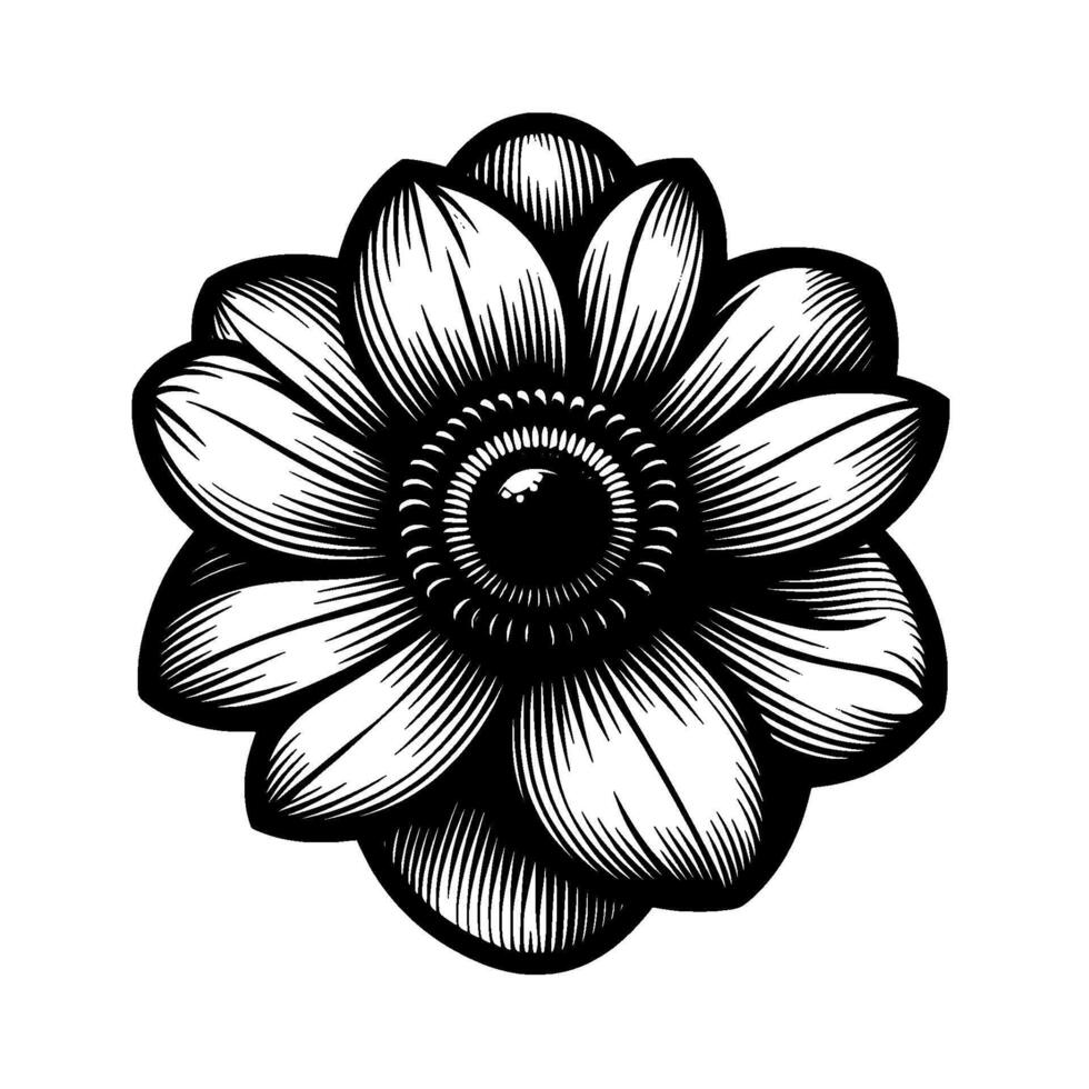Intricate Black and White Floral Illustration A Detailed, Art DecoInspired Flower Depiction with Fine Line Work and a Central Seedlike Orb. vector