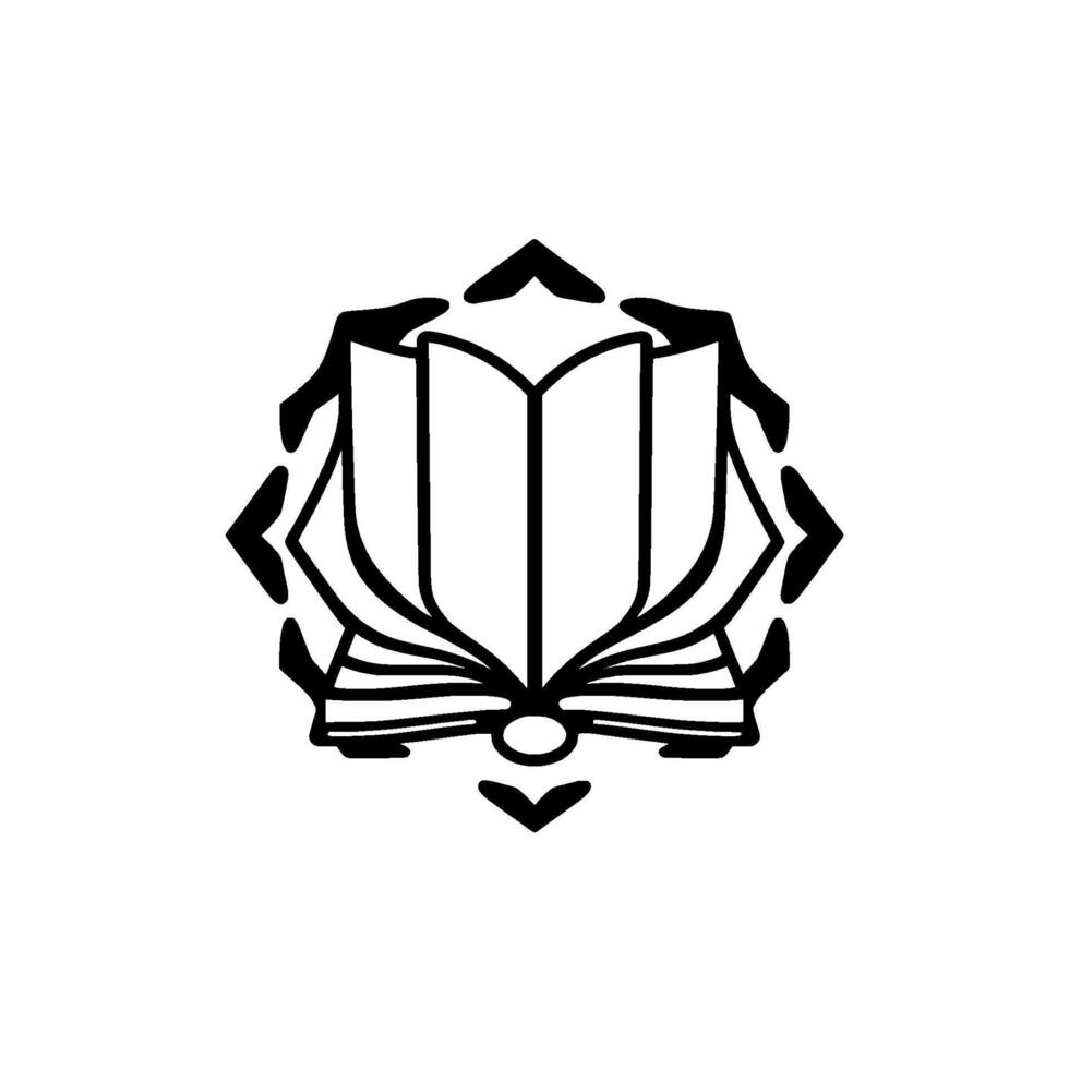 Monochromatic emblem Open book with stylized hands framing and geometric elements, symbolizing knowledge and learning, on a white background. vector