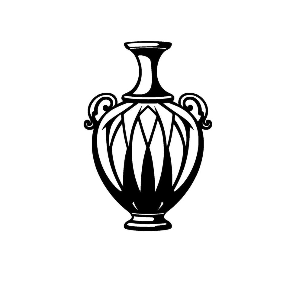 Intricate Black and White Illustration of a Classic Greek Amphora with Geometric Patterns and Scroll Handles on White Background. vector
