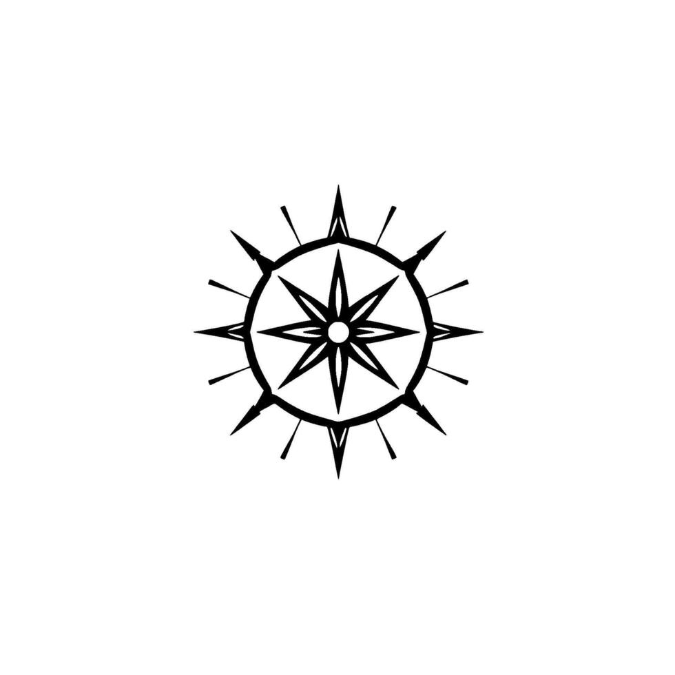 Minimalist black compass rose on white background, nautical theme, centered illustration, geometric starburst. vector