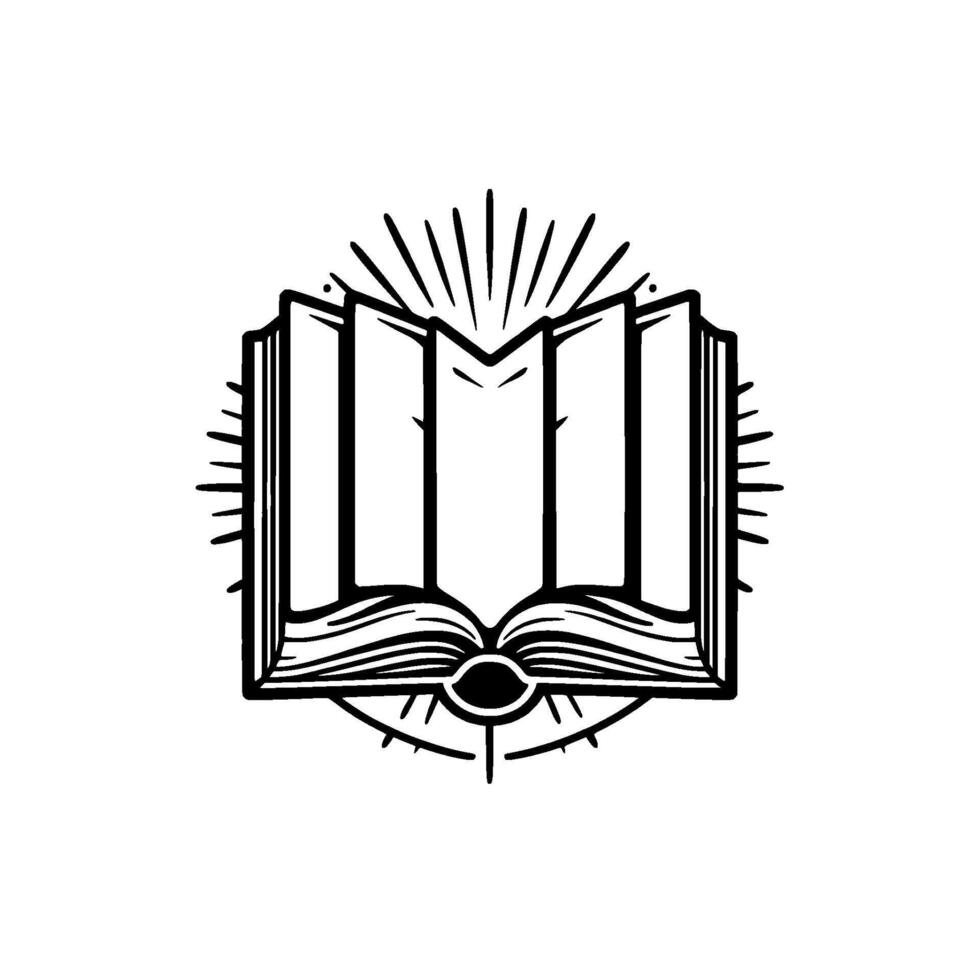 Illuminated Open Book Emblem, Black and White, with Radiant Sunburst and AllSeeing Eye Centerpiece, Symbolic of Knowledge. vector