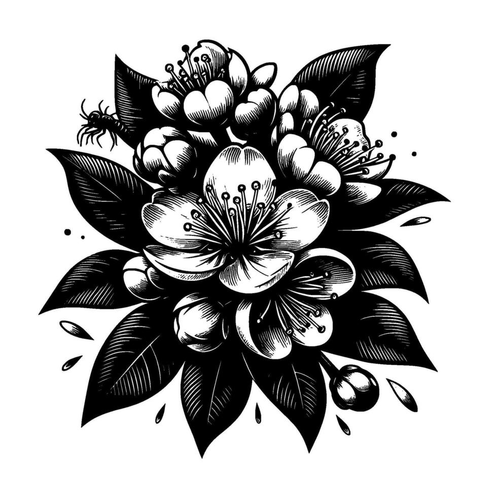 Detailed Black and White Floral Illustration Cherry Blossoms, Leaves, and a Tiny Insect in a Decorative, Artistic Composition. vector