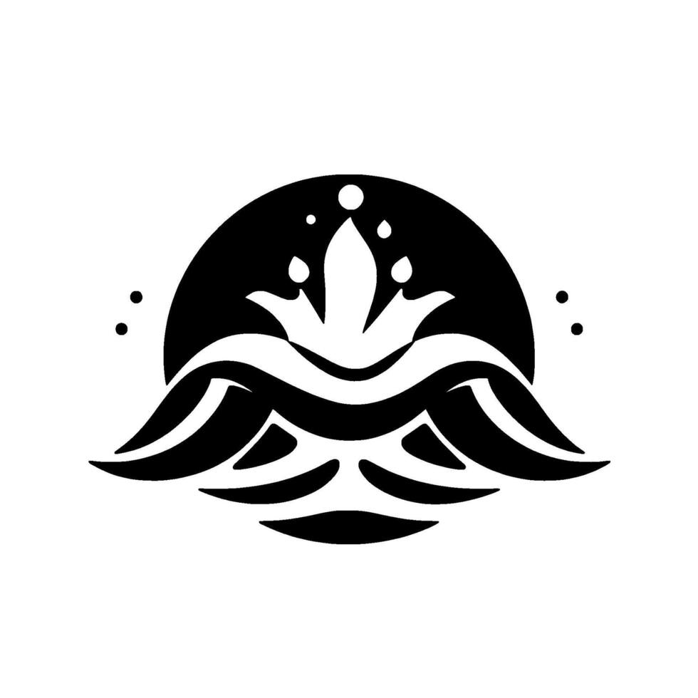Abstract black and white floral featuring waves, crest, and droplets within a circle. vector