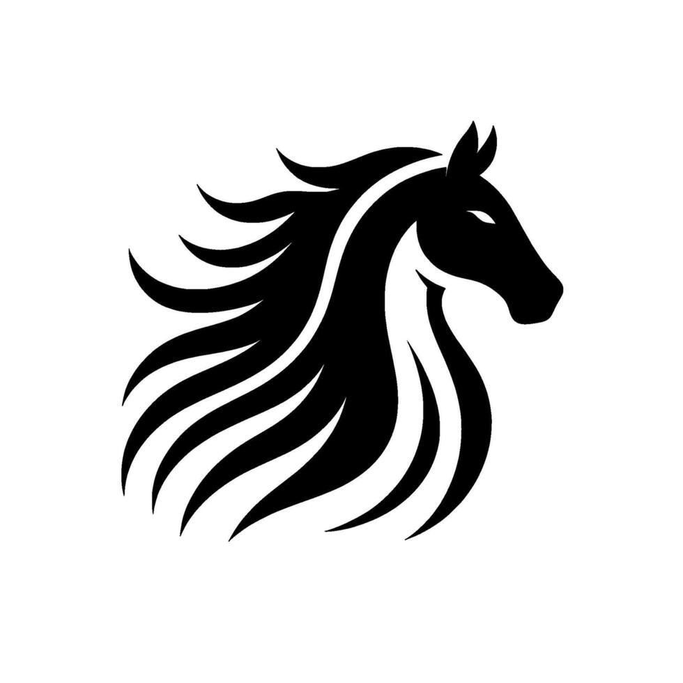 Elegant Black and White Horse Head Silhouette with Flowing Mane, Minimalist on White Background. vector