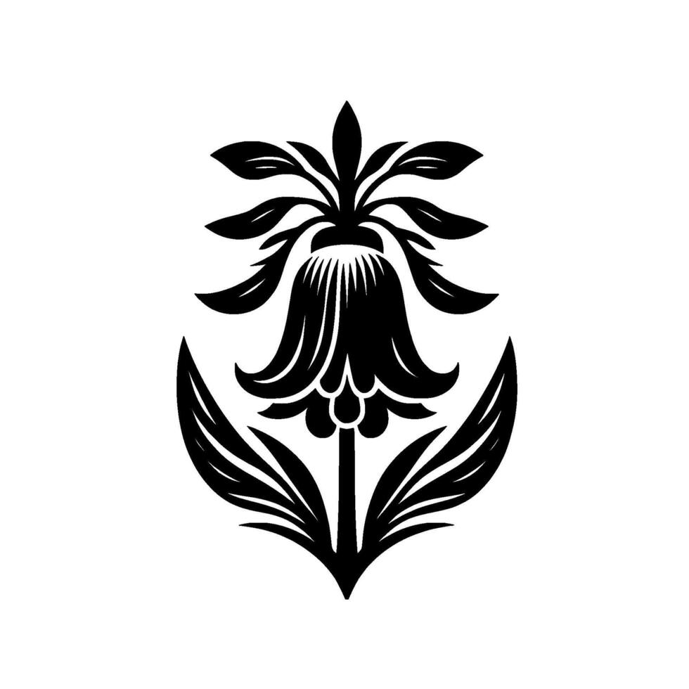 A symmetrical, stylized black floral emblem, showcasing a bellshaped bloom with surrounding foliage, set against a bright white backdrop. vector