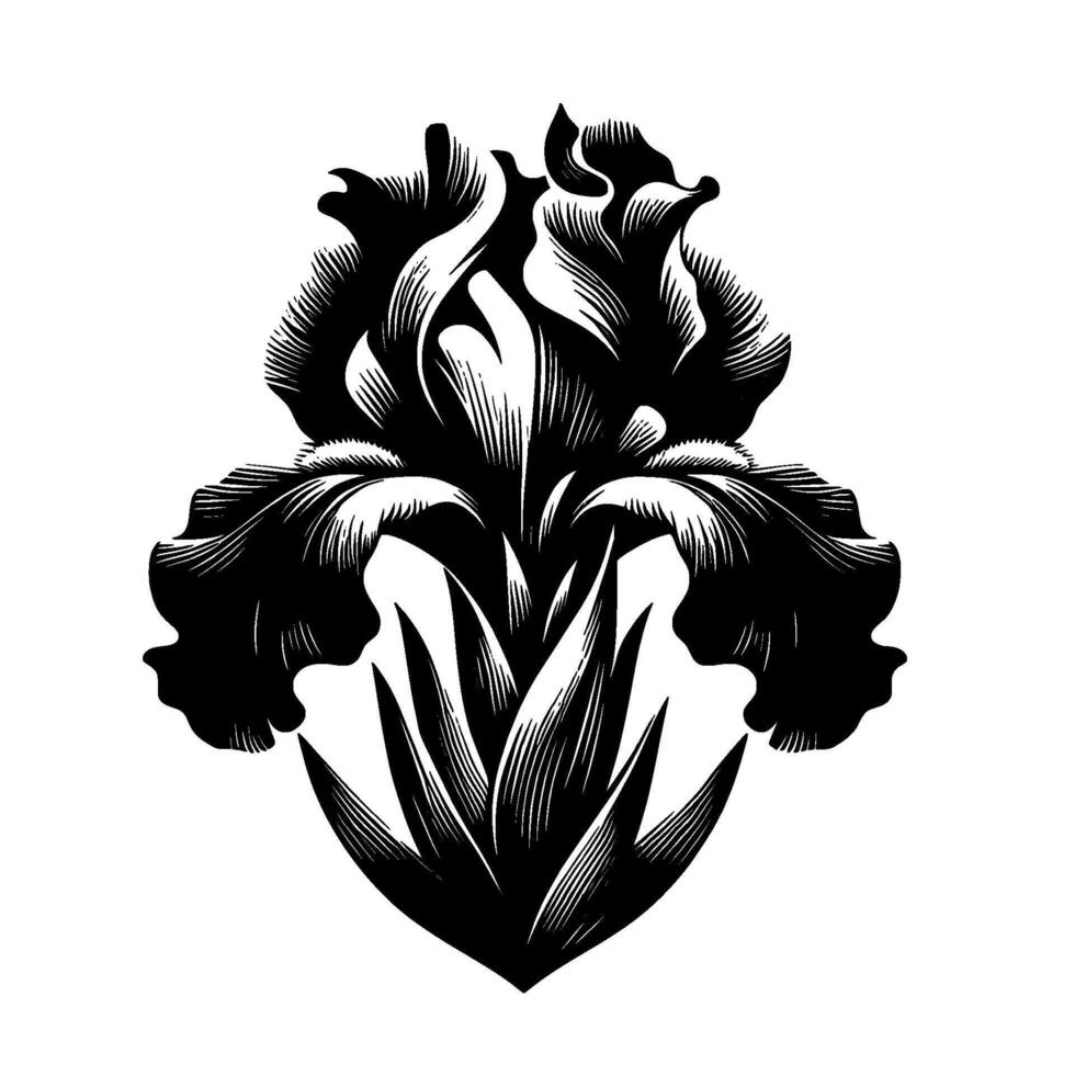 Intricate Iris Illustration Bold Black and White Art Deco Floral , Detailed Line Work on Isolated White Background. vector