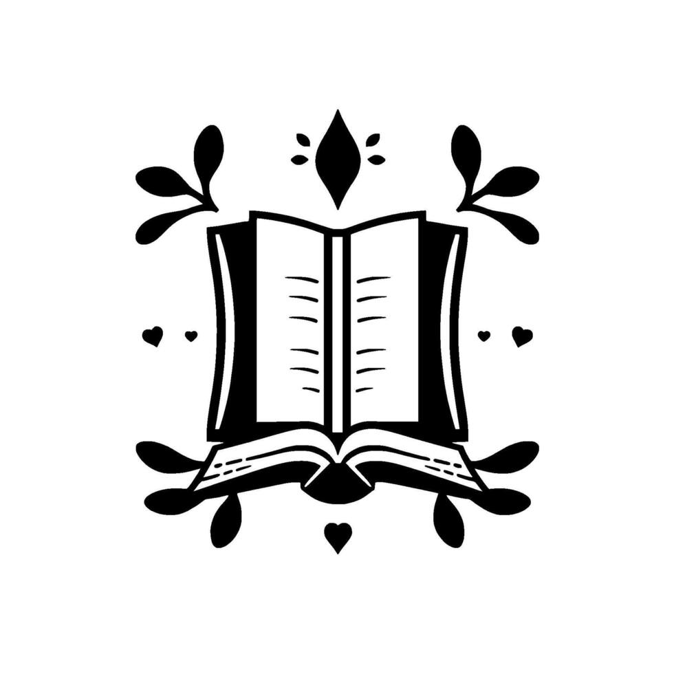 Elegant Monochromatic Illustration of an Open Book with Ornate Floral and Heart Accents, Suggesting Knowledge, Romance, and Nature. vector