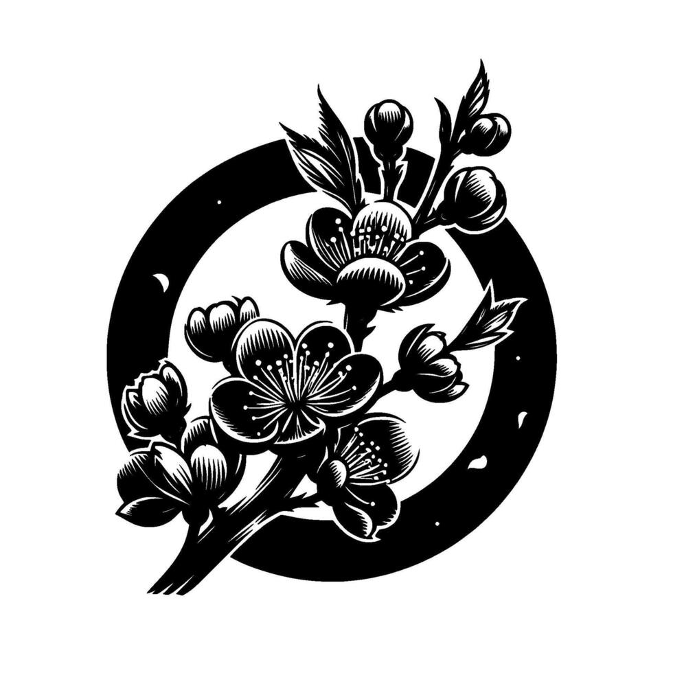 Intricate Black and White Cherry Blossom Branch in a Circle, Art, Delicate Petals, Springtime Symbolism. vector