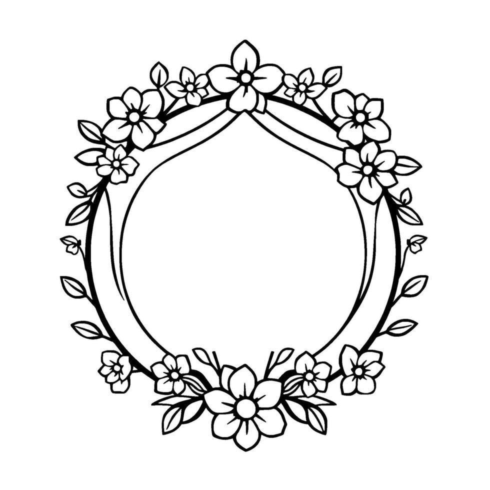 Floral Circle in Black and White An Elegant Arrangement of Flowers and Leaves Forming a Decorative Frame. vector