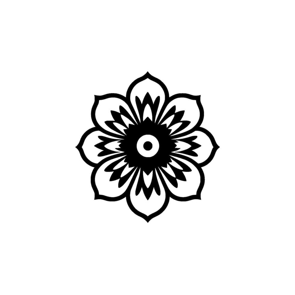 Symmetrical, Stylized Black Floral Illustration with Detailed Petal Patterns and Central Circle Against a Bright White Background vector