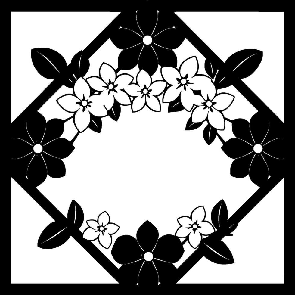 Elegant Black and White Floral Border A symmetrical geometric composition featuring stylized flowers and leaves, arranged within a diamond frame. vector