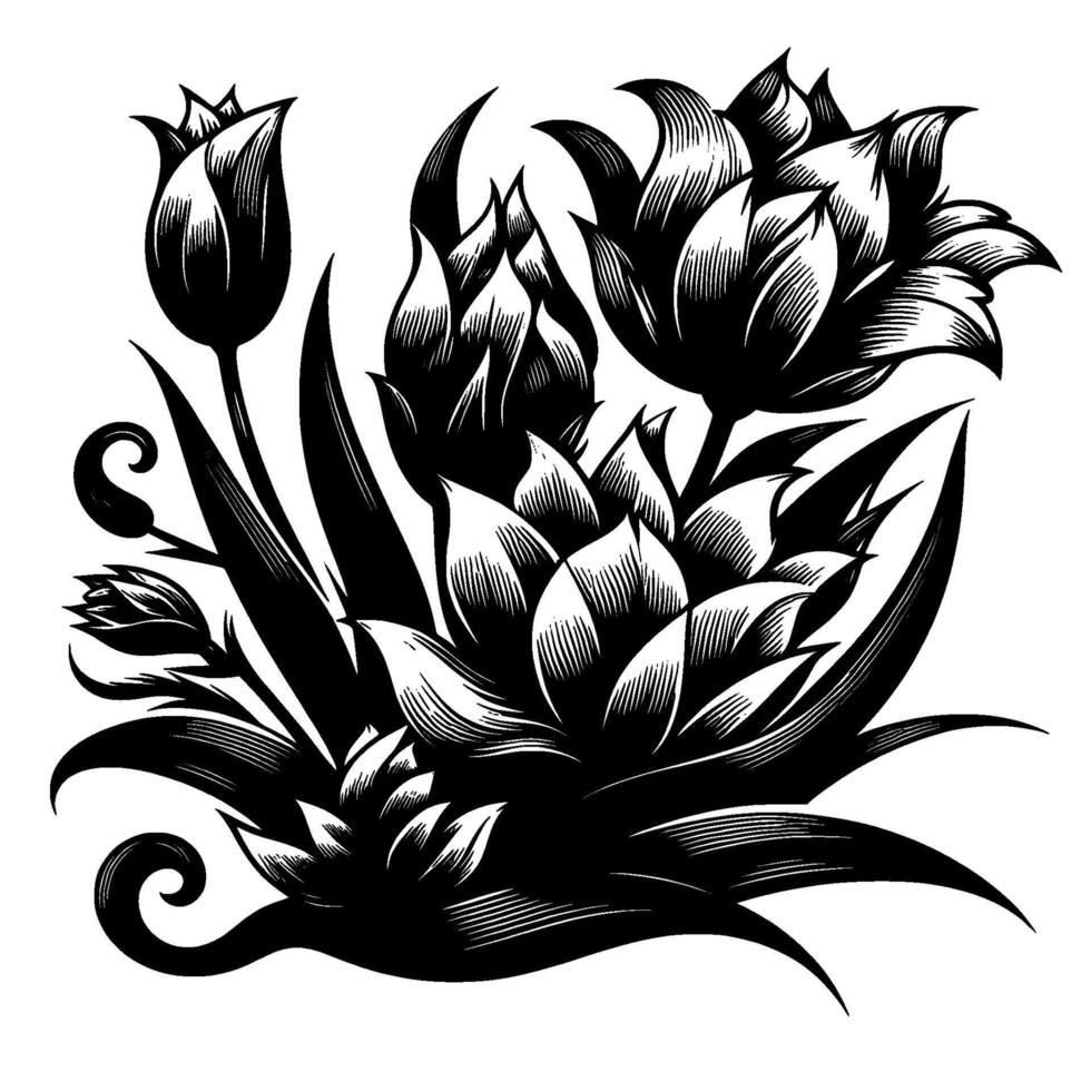 Intricate Black and White Botanical Illustration Stylized Flowers and Leaves with Line Art and Detailed Textures. vector