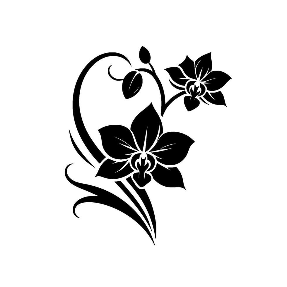 Black and White Orchid Silhouette Elegant Floral with Curving Stem and Leaves on White Background. vector