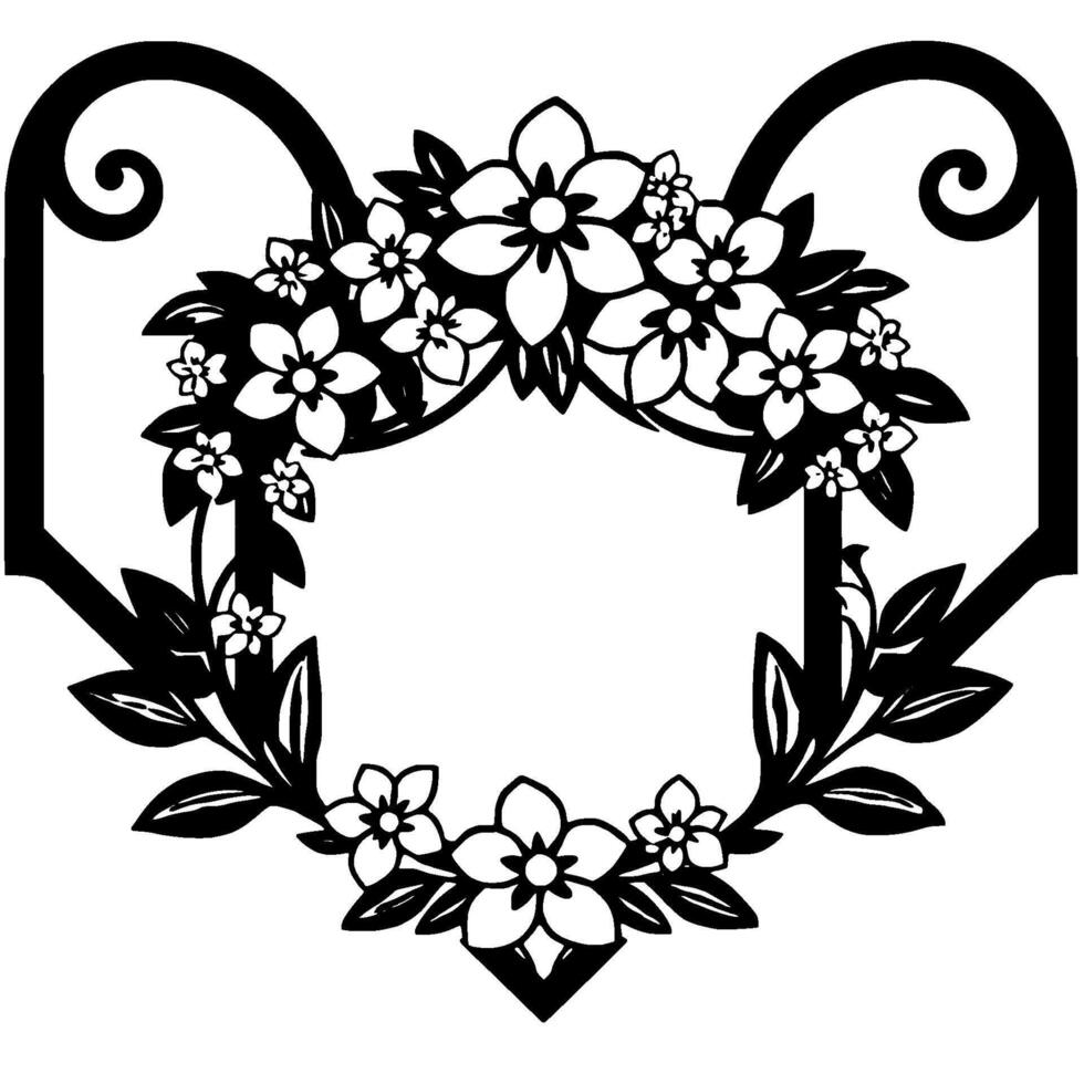 Elegant Black and White Floral Wreath Frame with Intricate Details, Swirls, and Geometric Accents on White Background. vector