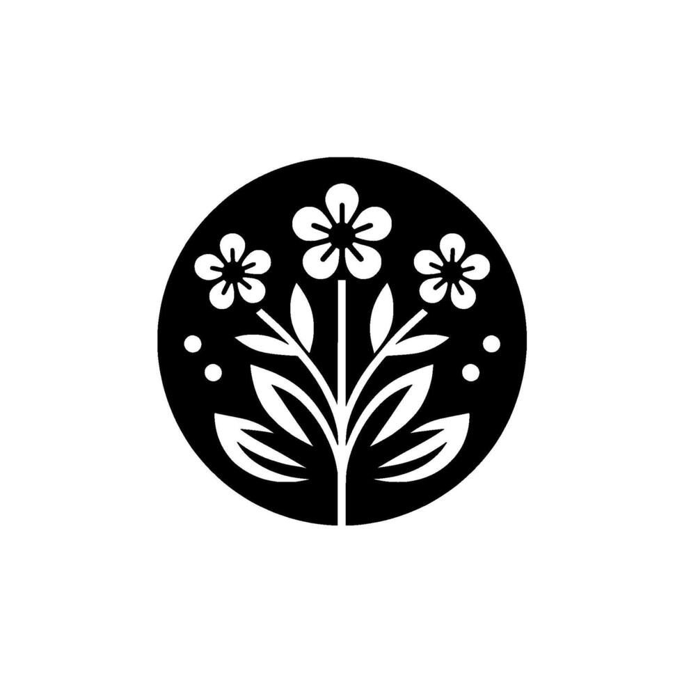 Minimalist Black White Floral Emblem Featuring Stylized Blossoms and Leafy Stems Within a Circular Frame. vector