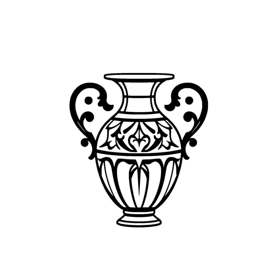 Intricate Black and White Illustration of a Decorative Amphora Vase with Ornamental Handles and Detailed Floral Designs on White Background. vector