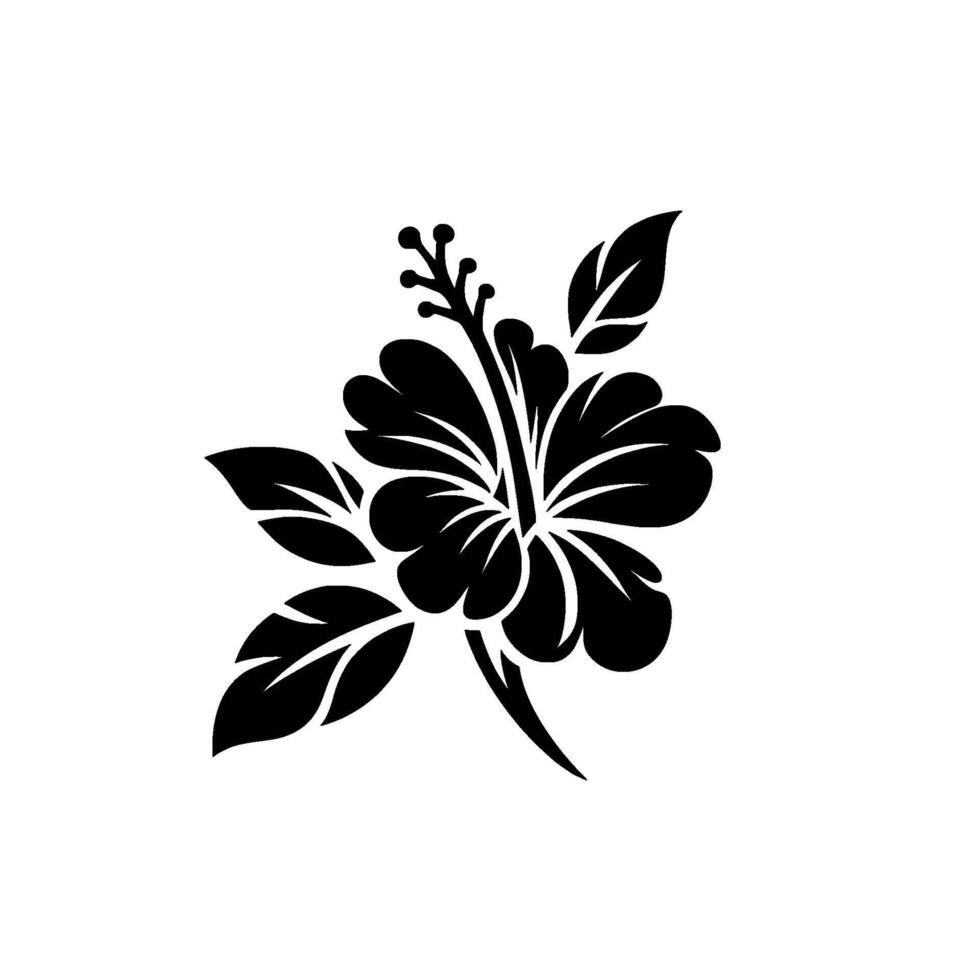 Bold Black and White Minimalist Hibiscus Flower Silhouette with Leaves, Centered on a White Background. vector