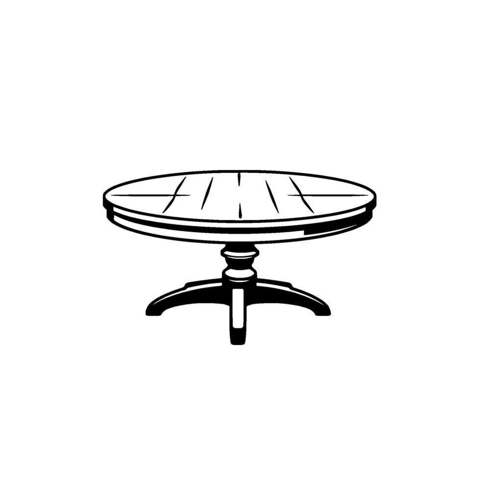 Black and white illustration of a classical round wooden coffee table with a pedestal base and a white background. vector