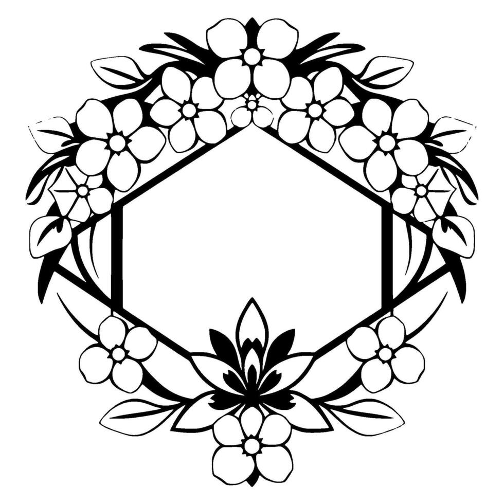 Elegant Floral Hexagon Frame with Delicate Flowers, Leaves and Central Empty Space in a Flat, Monochrome . vector