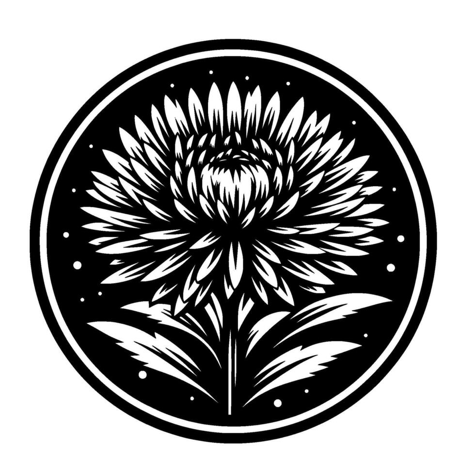 Intricate Black and White Floral Illustration Within a Circular Frame, Showcasing Detailed Petals and Leaves, Artistic . vector