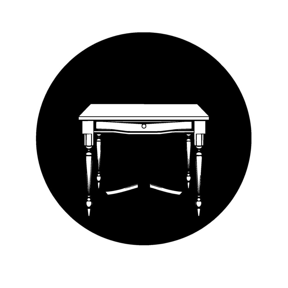 Elegant antique white table silhouette against a contrasting black circular backdrop, showcasing classic and minimalist aesthetic. vector