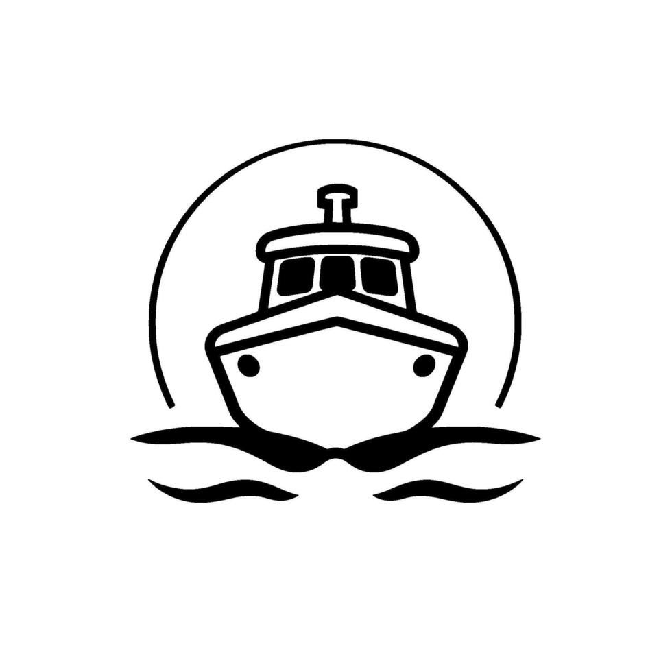 Minimalist Black and White of a Motorboat, Sailing on Water, Enclosed by a Circle, Clean, Nautical . vector