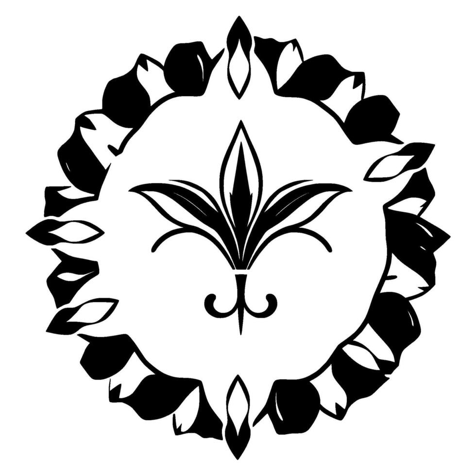 Intricate Black and White FleurdeLis with Ornamental Floral Border, Isolated on White Background. vector