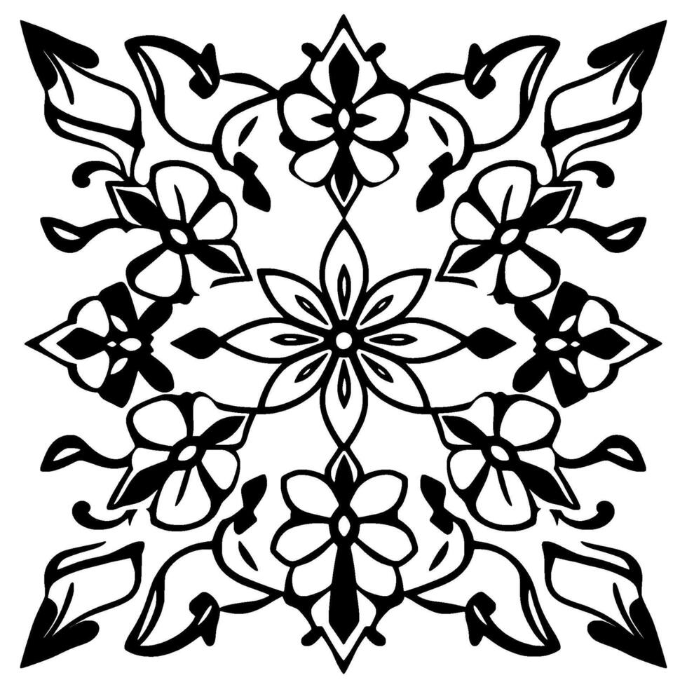 Symmetrical Floral Mandala in Black and White with Intertwined Petals and Leafy Elements Centered. vector