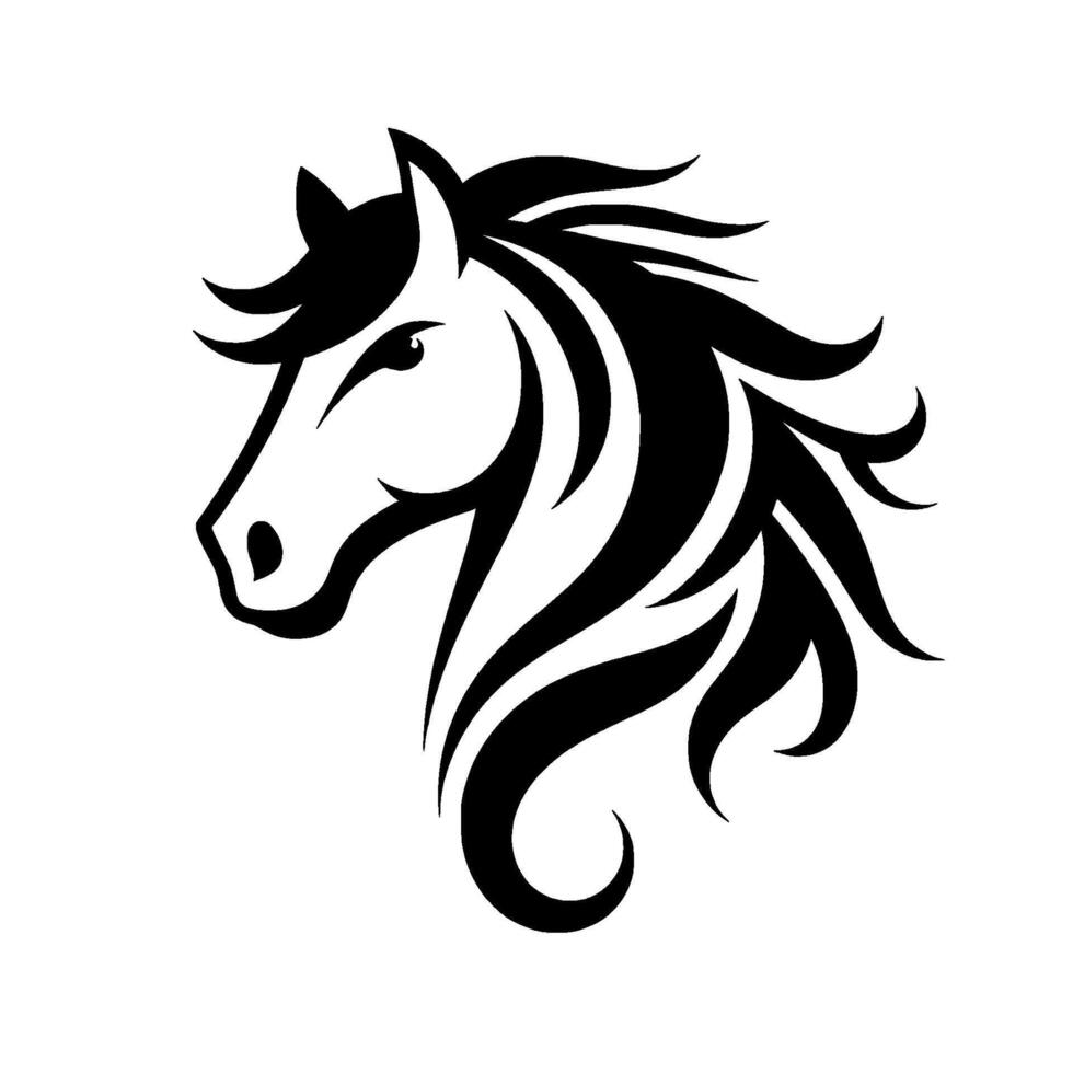 Stylized Black and White Horse Head Silhouette with Flowing Mane, Minimalist on White Background. vector