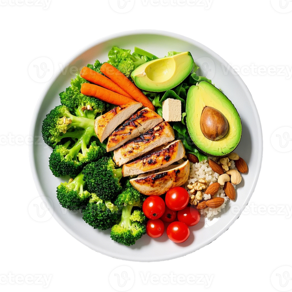 A plate with chicken, broccoli, avocado, and other vegetables png