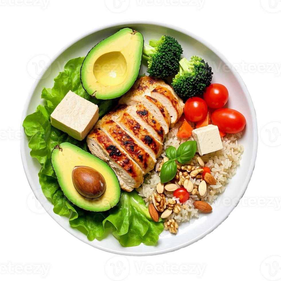 A plate with chicken, rice, avocado, broccoli and tomatoes png