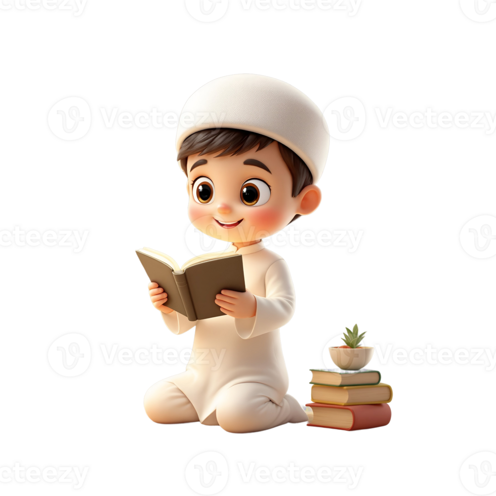 A cartoon muslim boy reading a book png